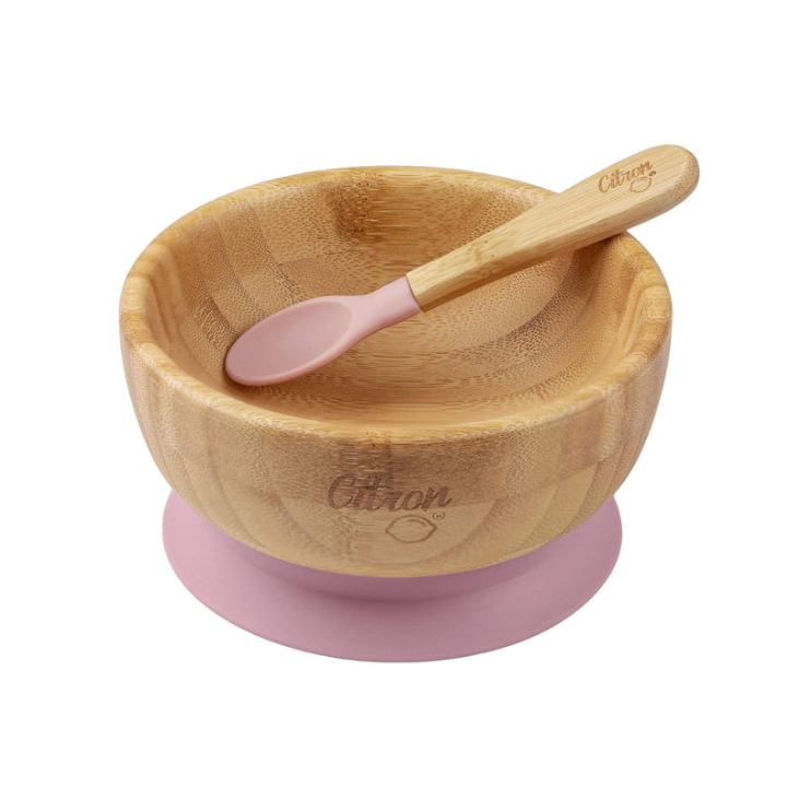 Bamboo Bowl with Suction and Spoon - Blush Pink