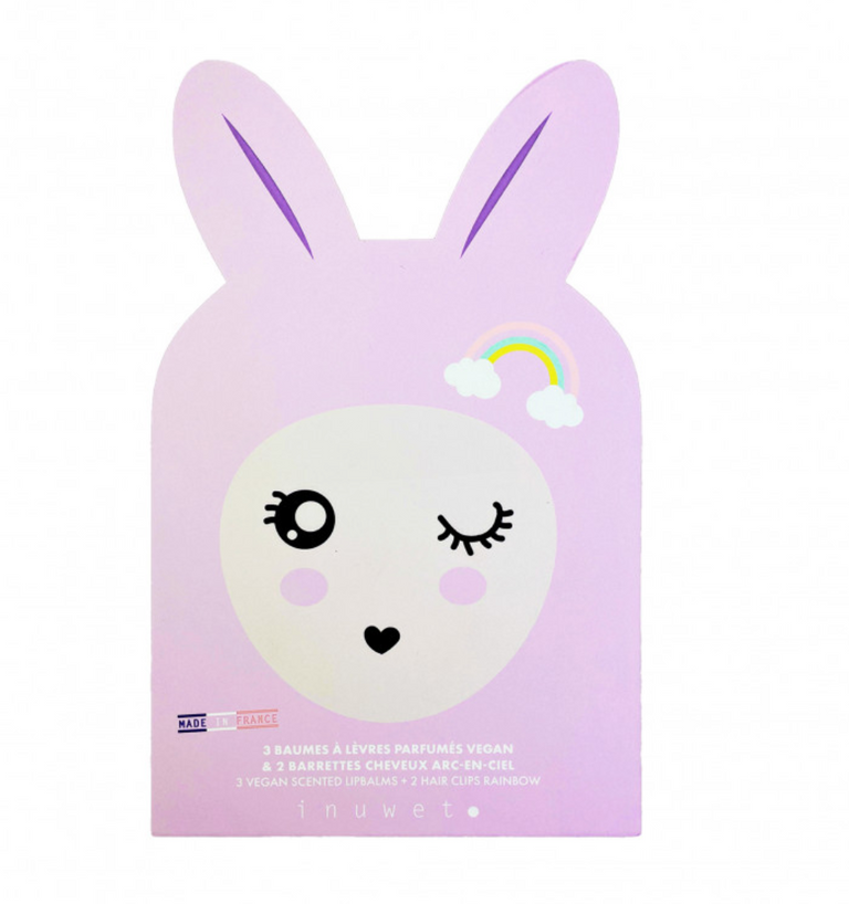 DELUXE PAPER BUNNY 3X3.5 GR LIP BALM & 2 RAINBOW HAIRSTUFF INUWET