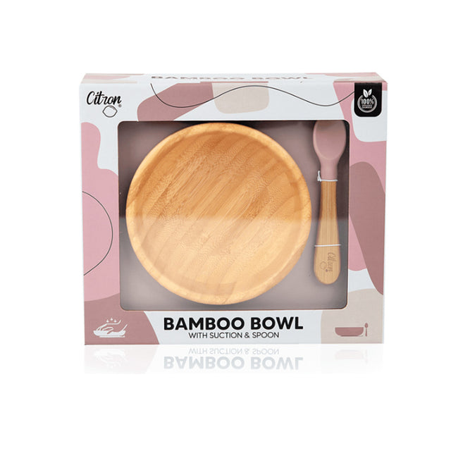 Bamboo Bowl with Suction and Spoon - Blush Pink