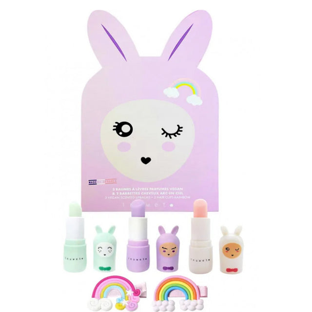DELUXE PAPER BUNNY 3X3.5 GR LIP BALM & 2 RAINBOW HAIRSTUFF INUWET