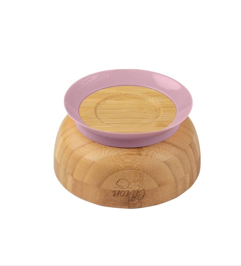 Bamboo Bowl with Suction and Spoon - Blush Pink