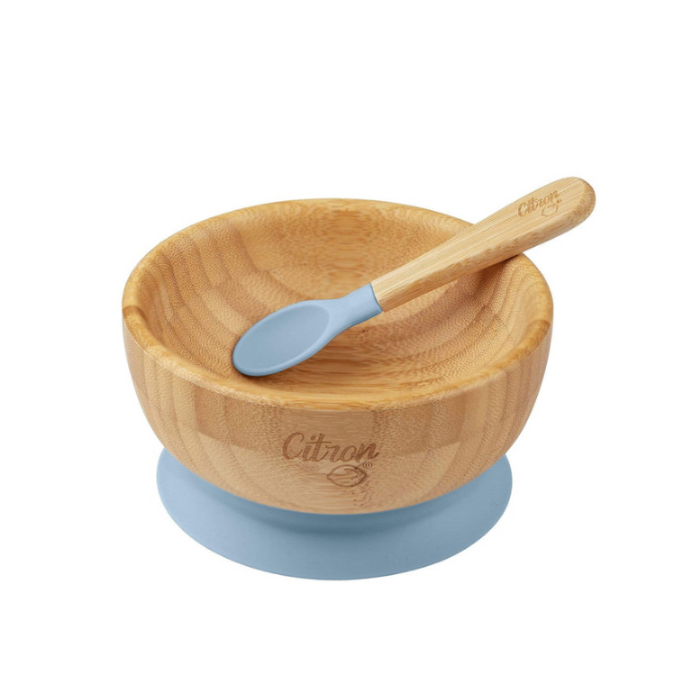CITRON Bamboo Bowl with Suction and Spoon - Dusty Blue