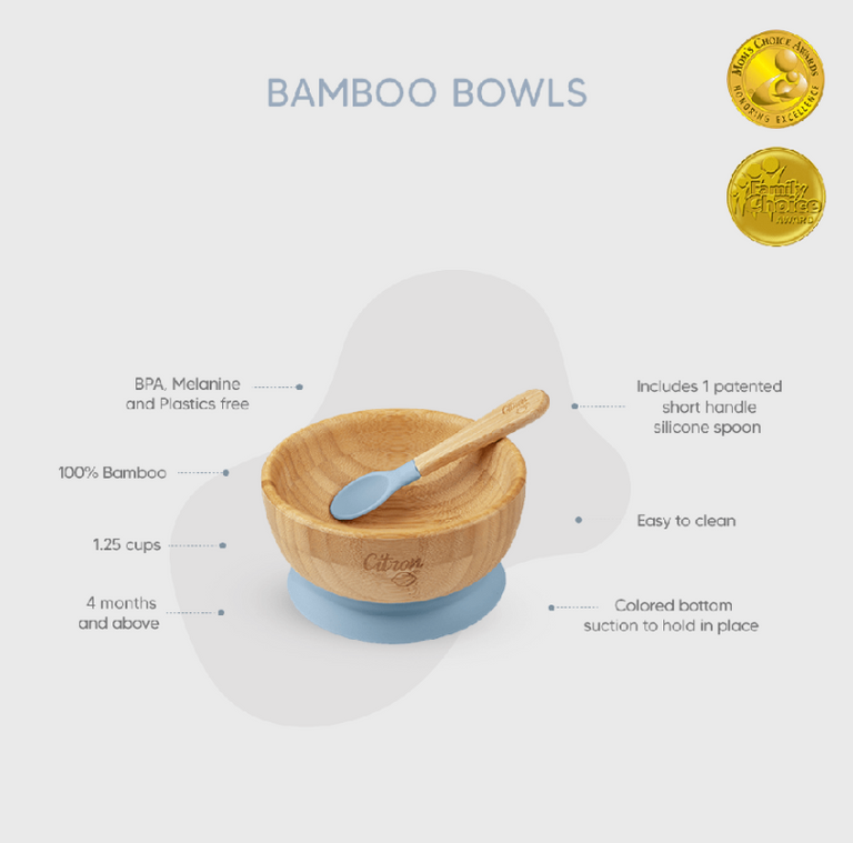 CITRON Bamboo Bowl with Suction and Spoon - Dusty Blue